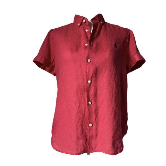 POLO RALPH LAUREN | Raspberry Colored Linen Short Sleeve Shirt Sz L - Picture 1 of 7